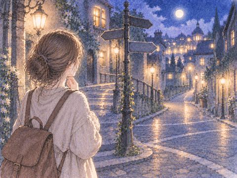 見知らぬ夜の街で一人立つ女性