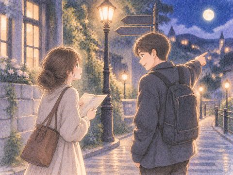 夜の街角で道を尋ねる女性