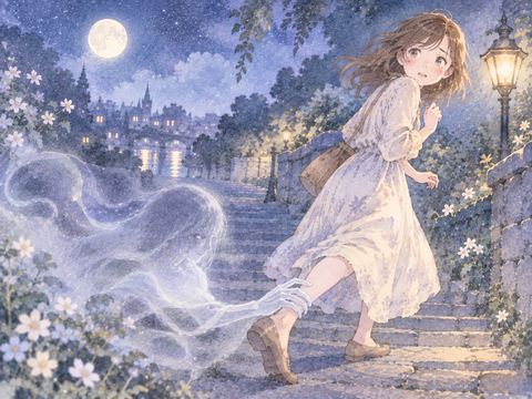 淡い幽霊に足を引かれて振り返る女性の夢