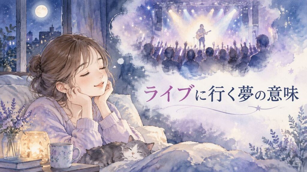夜の部屋で女性がライブの光景を思い浮かべる夢の場面