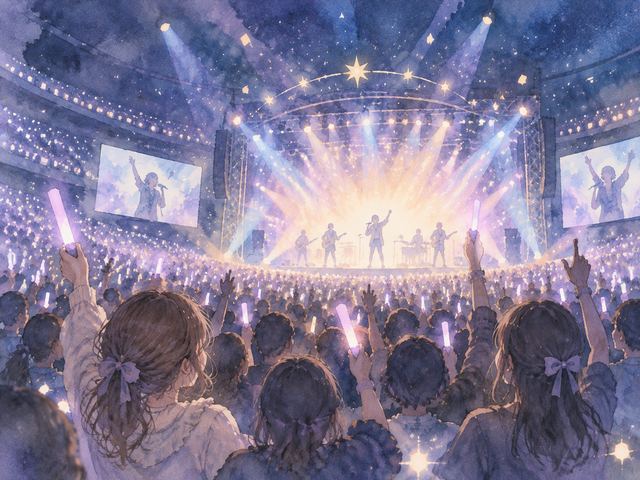 夜のライブ会場で人々が光を共有する幻想的な場面