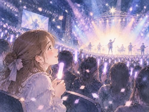 女性が光るステージを見つめる推しのライブの夢