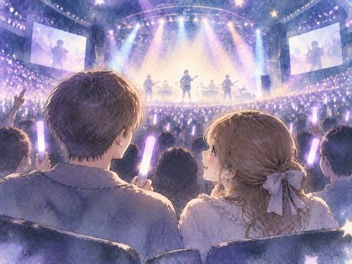 二人の人物が夜のライブ会場で並んで過ごす夢の場面