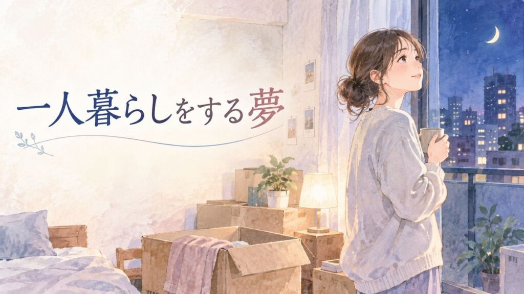夜の新しい部屋で窓辺に立つ女性と荷ほどき前の箱