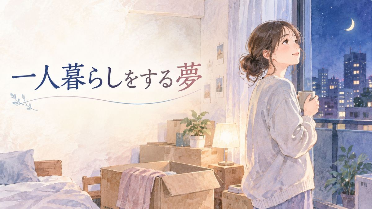 夜の新しい部屋で窓辺に立つ女性と荷ほどき前の箱
