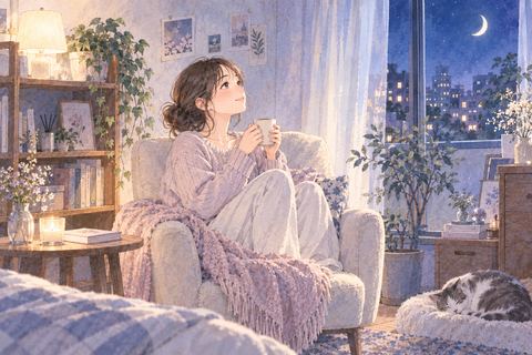 自分で整えた部屋で楽しそうに過ごす女性
