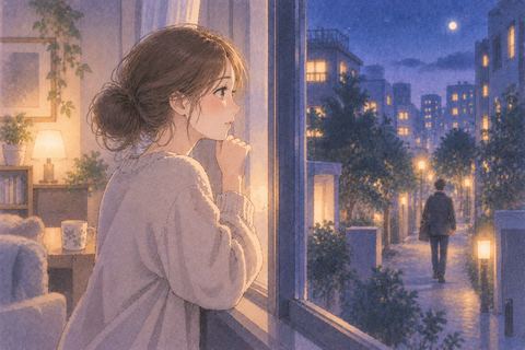 離れていく恋人を窓辺から見送る女性