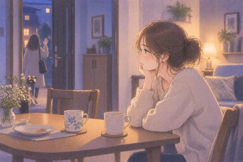 友達を見送ったあと一人で部屋に戻る女性