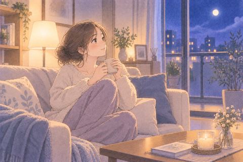 明るく整った部屋でくつろぐ女性