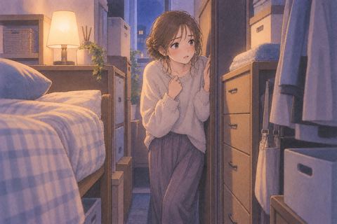家具の間で窮屈そうに立つ女性