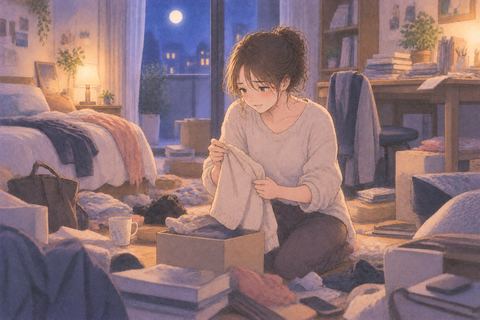 散らかった部屋で片づけ始める女性