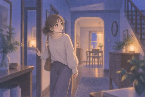 見知らぬ家の中を不思議そうに歩く女性