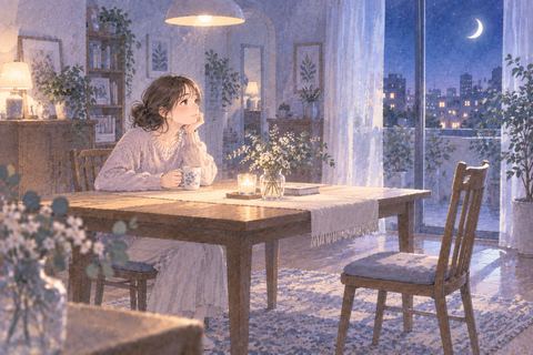 広い部屋で一人座り寂しそうにする女性