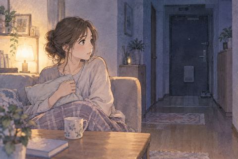 夜の物音を気にして玄関を見る女性
