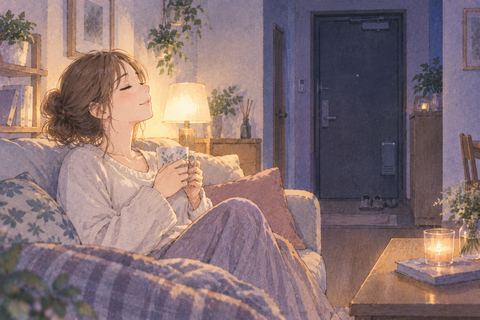 静かな部屋で肩の力を抜く女性