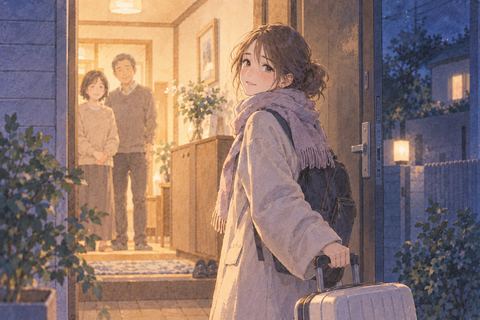 実家を出る前に玄関で振り返る女性