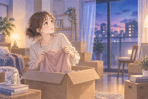 新しい部屋で段ボールを開ける女性