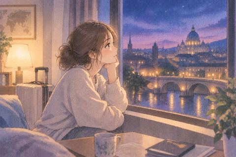 海外の街を窓から見つめる女性