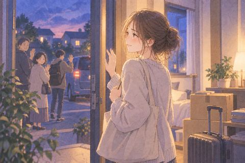 家族を見送り新しい部屋に入る女性