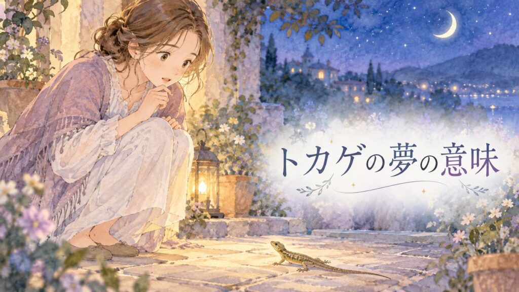 夜の庭でトカゲを見つめる大人の女性