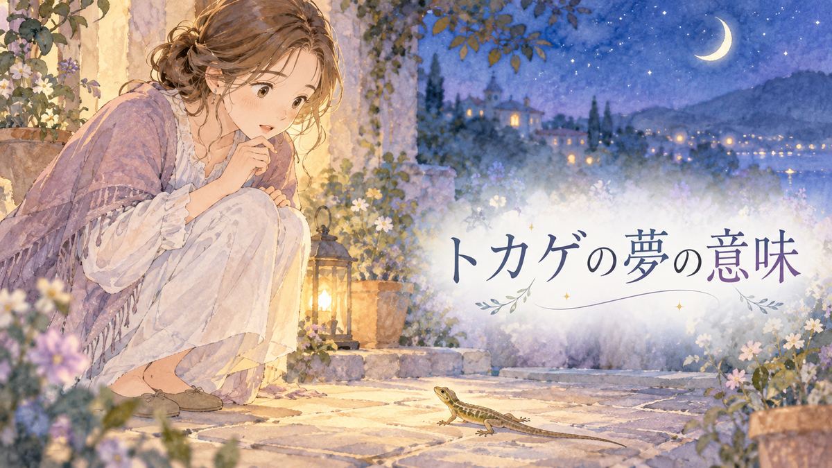 夜の庭でトカゲを見つめる大人の女性
