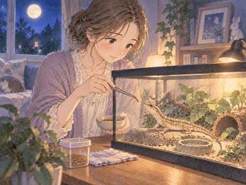 室内で飼っているトカゲを世話する女性