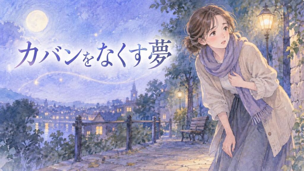 夜道でカバンを探す大人の女性と淡い月明かり