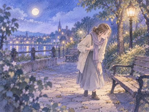 夜の道で見つからないカバンを探す女性
