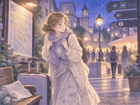 夜の旅先でカバンを探す女性
