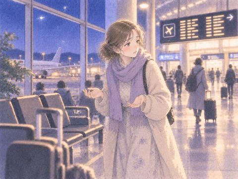 夜の空港でスーツケースを探す女性