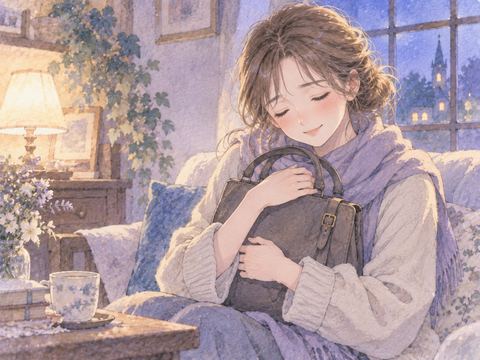 見つけたカバンを抱えて安心する女性