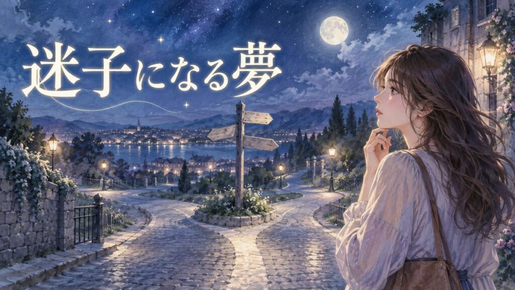 夜の街角で道標を見つめる大人の女性と、遠くへ続く道