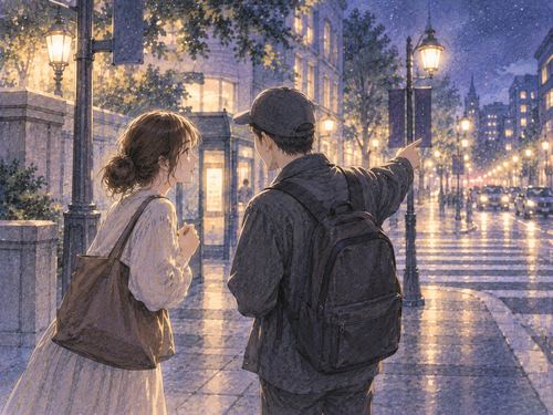 夜の街角で通行人に道を尋ねる人物