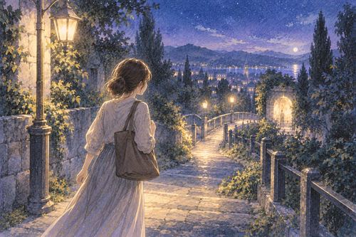 夜道で自分の目印を見つけて進み始める人物