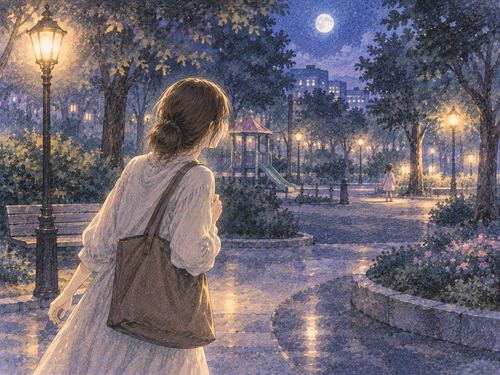 夜の公園で小さな子供を探す大人の姿