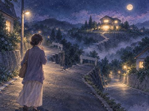 夜道の先にある家へ続く道が途切れている場面