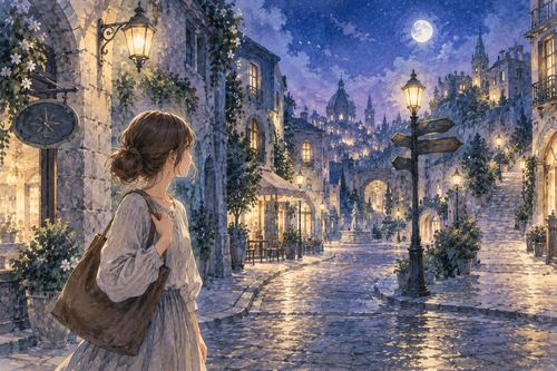見慣れない夜の街を歩きながら周囲を見渡す人物
