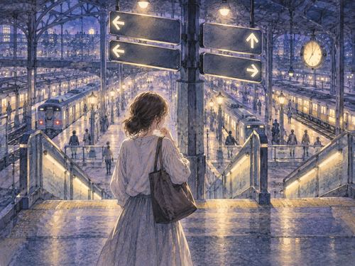 夜の駅で複数のホームを見比べて立ち止まる人物