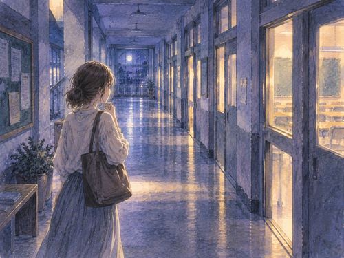 夜の学校の廊下で教室を探す人物