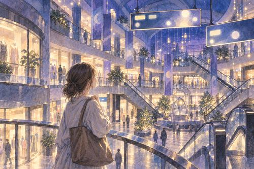 広いショッピングモールの通路で行き先を探す人物