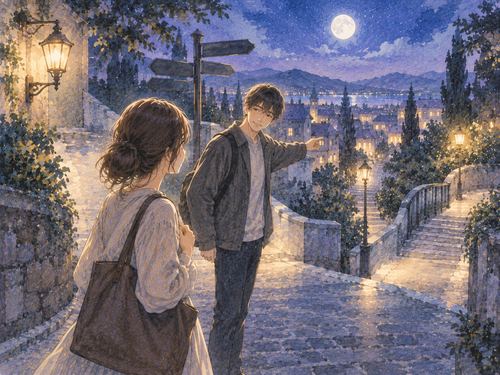 夜道で立ち止まる人物に別の人物が道を示している場面