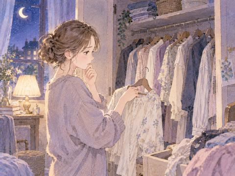 クローゼットの前で着る服を探す女性