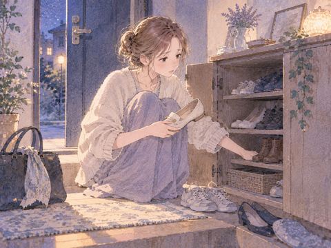 玄関で片方の靴を探している女性