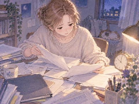 机の書類をめくりながら探す女性