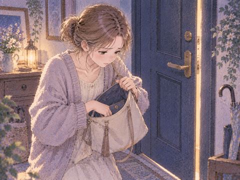 閉じた扉の前で鍵を探している女性