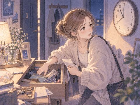 時計を気にしながら引き出しを探す女性
