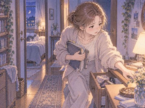 部屋を移りながら探し物を探す女性