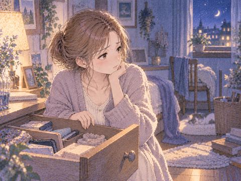 開いた引き出しの前で探す手を止めた女性