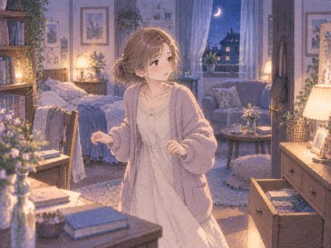 静かな部屋を見回しながら何かを探す女性