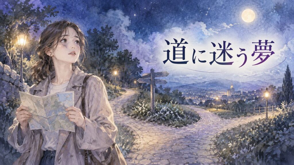 月明かりの分かれ道で地図を手に立ち止まる大人の女性